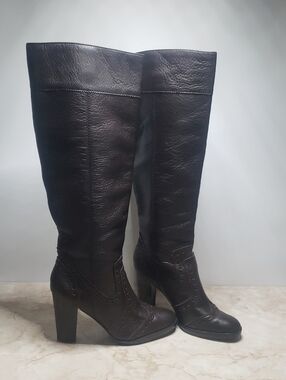 Michael Kors Dark Brown Leather Knee-High Heeled Pull On  Boots Size 6.5